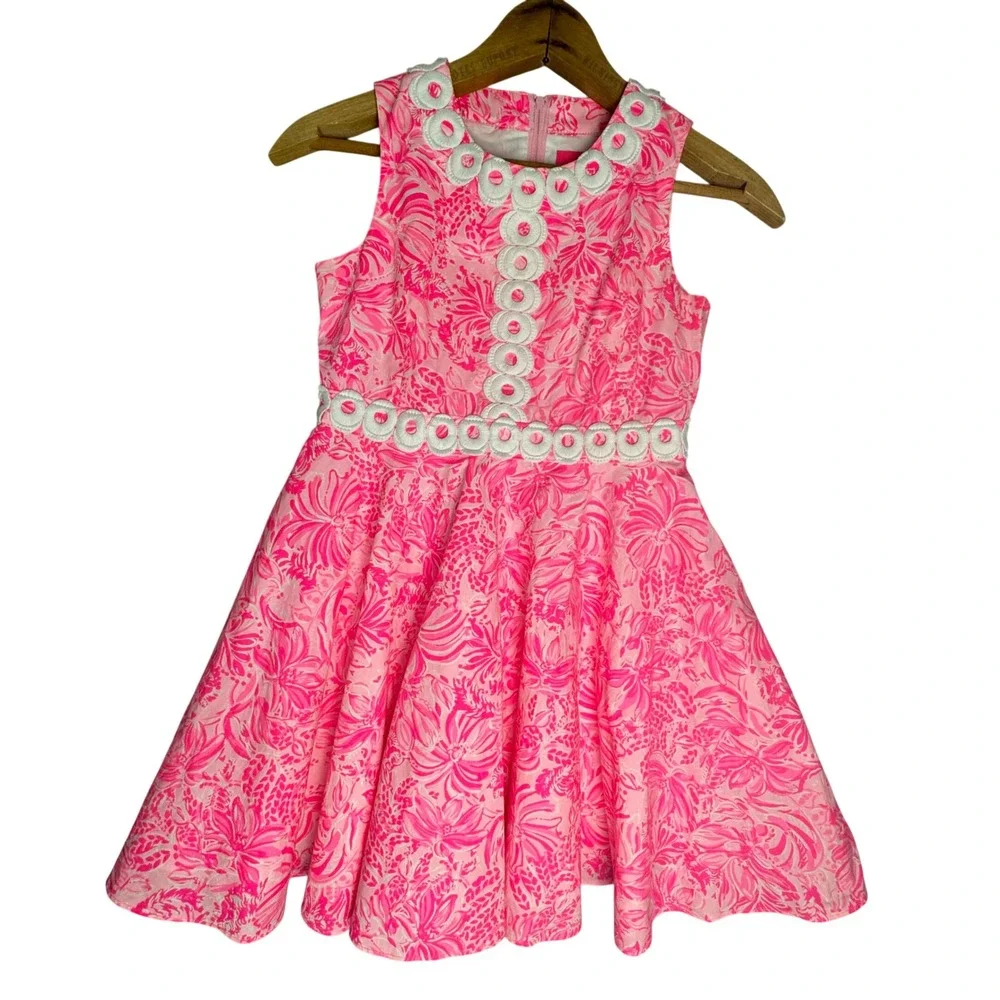 Lilly Pulitzer Girls Pink White Floral Lace Trim Sleeveless Flare Dress Size 8